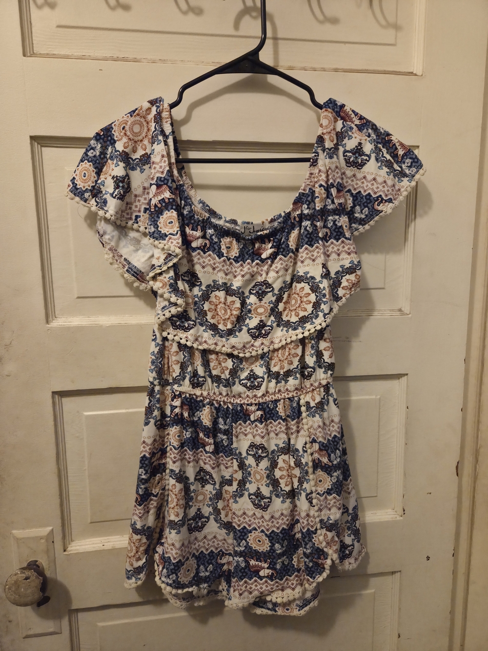 J for Justify Floral Off-Shoulder Romper in Blue and Cream